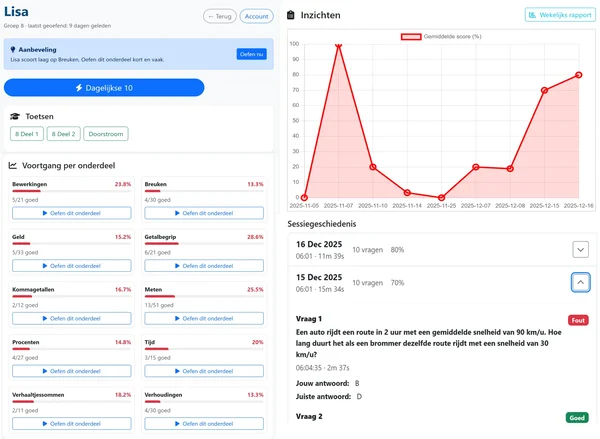 Kinddashboard: aanbeveling, voortgang en uitgeklapte sessiegeschiedenis
