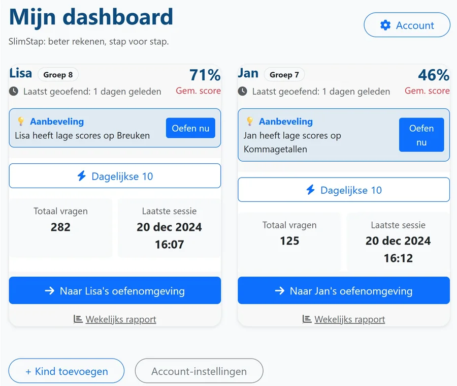 Ouderdashboard: overzicht met kinderen en hun voortgang