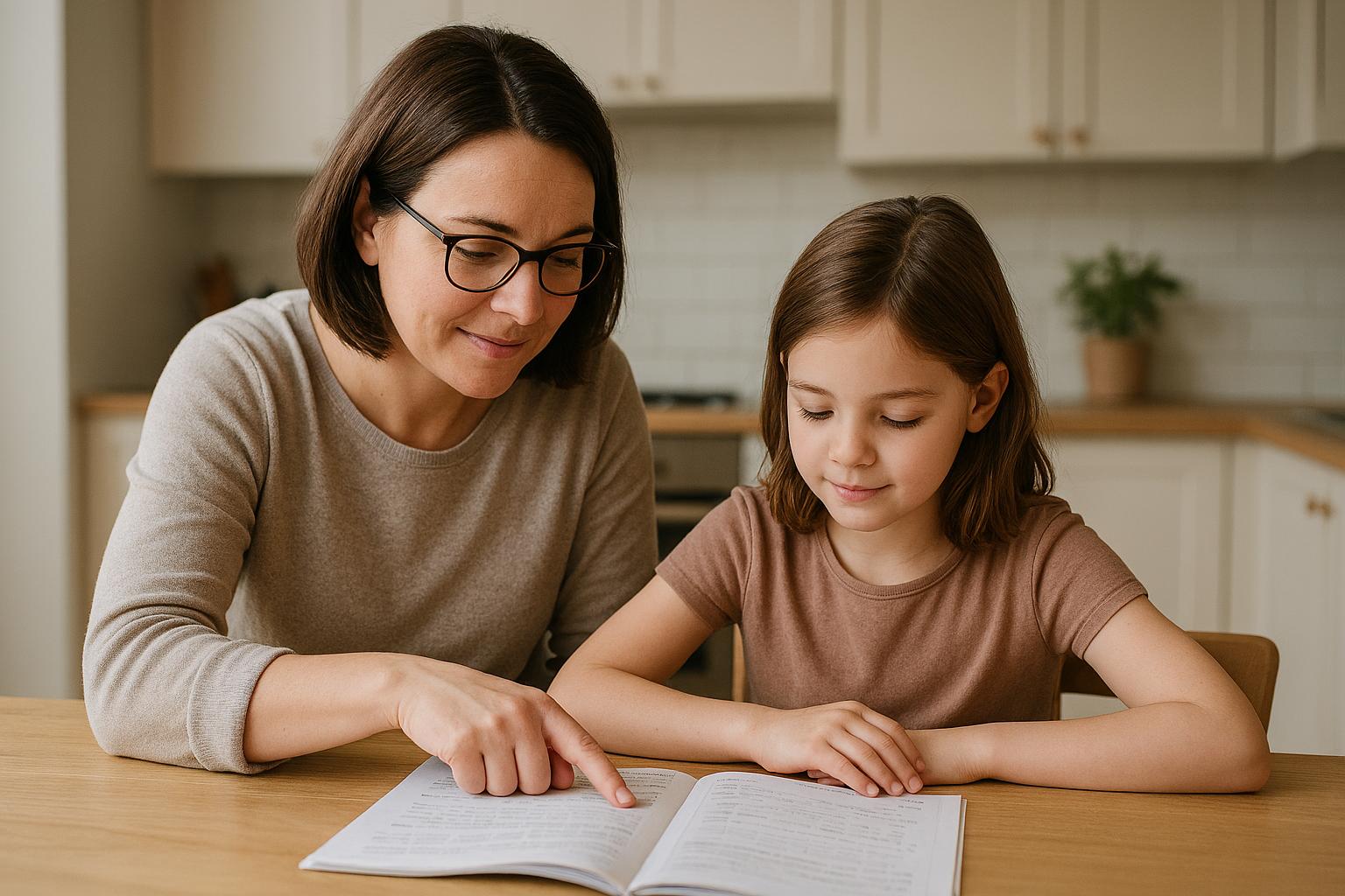 Ouder die kind rustig begeleidt bij rekenen aan de keukentafel